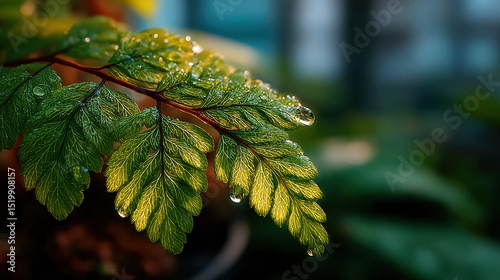 Lush green fern leaves glisten with droplets of water, illuminated by soft sunlight, creating serene and tranquil atmosphere in minimalistic setting