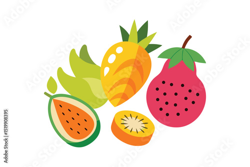 Tropical fruit doodles with pineapples mangoes and citrus fruits vector art illustration