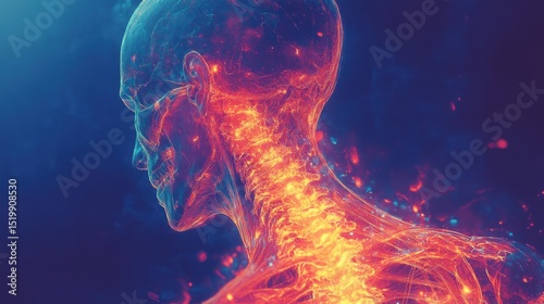 Abstract human anatomy, fiery spine, digital art, glow background photo