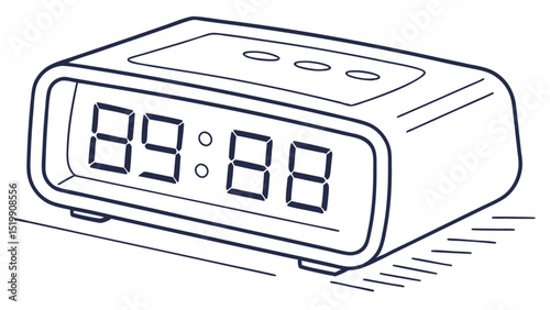 Digital alarm clock vector illustration line art black and white time display modern design bedside clock