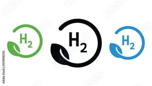 Hydrogen H2 fuel alternative environmental friendly leaf round symbol in blue green black color