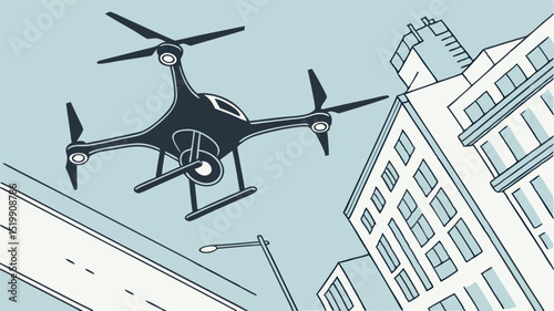 Drone flying over city buildings and street illustration for aerial photography and surveillance use case
