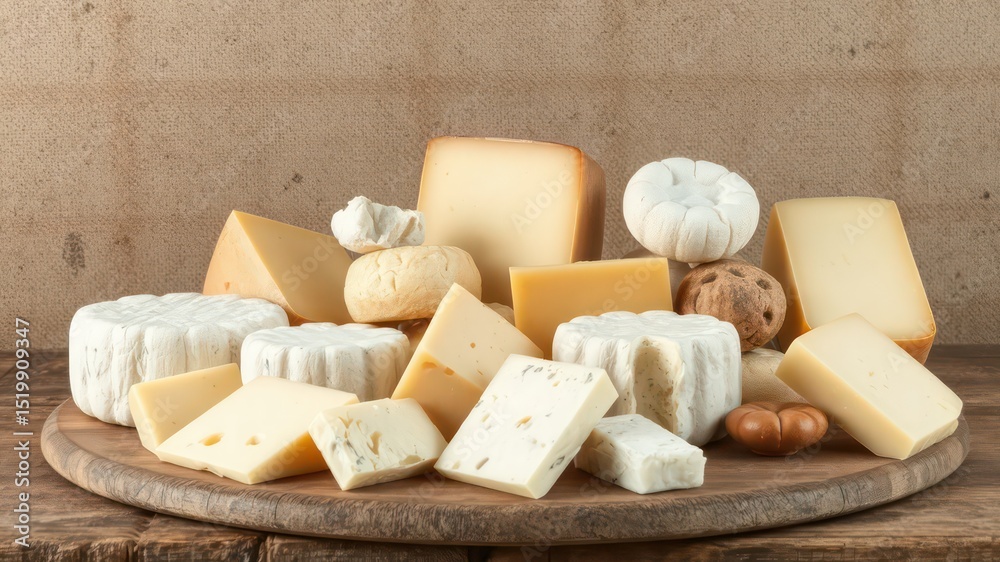 Fototapeta premium Diverse selection of flavorful cheeses arranged on a rustic wooden board with a textured background for a gourmet presentation