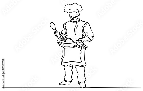 Continuous one line drawing of a chef is cooking in the kitchen, Continuous one line drawing of chef cooking with pan. Professional chef holds pan in single line draw vector illustration.