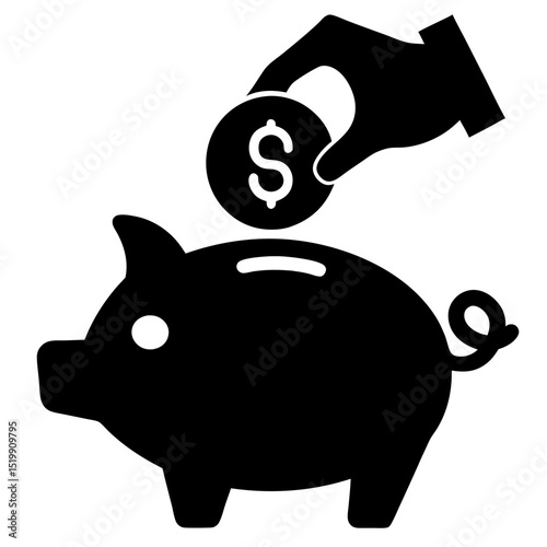 Hand putting coin into piggy bank silhouette vector illustration
