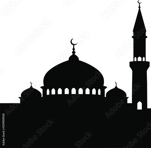 Silhouette of a beautiful mosque depicting islamic architecture and symbolism against a white background
