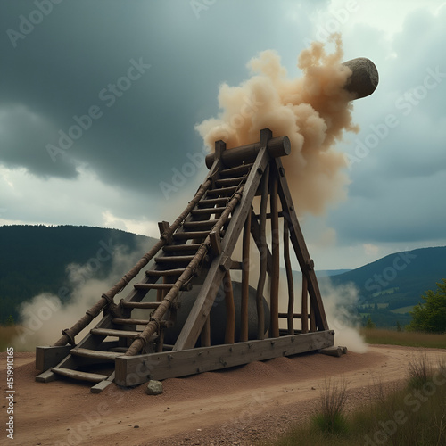 A powerful wooden trebuchet, positioned on a dirt path in a grassy valley surrounded by forested hills, is captured mid-action, launching a large stone projectile with a cloud of dust and debris.

