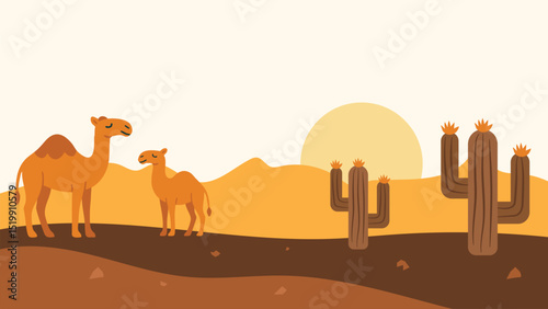 Camel and Cactus Desert Landscape Flat Illustration