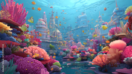 Fototapeta Naklejka Na Ścianę i Meble -  3d Cartoon of a colorful coral reef city underwater
