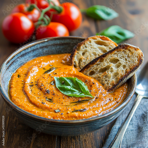 Roasted red pepper soup with toasted bread and basil