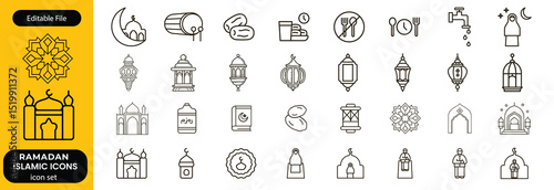 Ramadan line icon set. Set of 30 outline icons related to Ramadan, Quran, mosque, Ramadan fasting, Islam, lantern and others. Editable stroke. Vector illustration