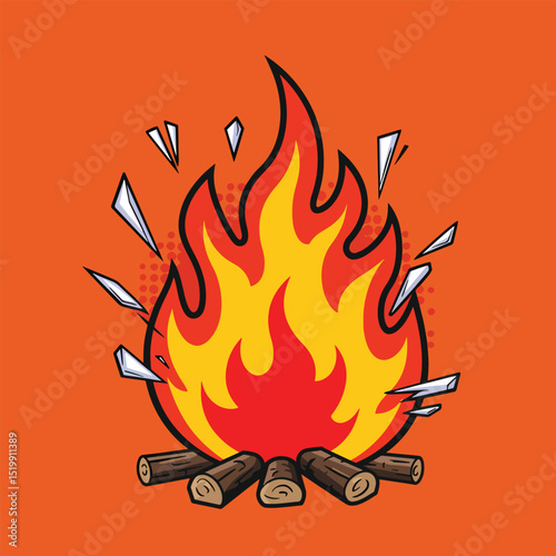 pop art flame icon with graffiti sparks and jagged comic accents on solid orange