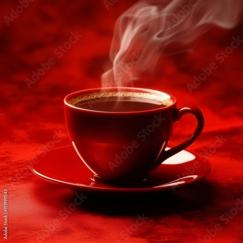 Red Coffee Cup and Saucer on Red Background