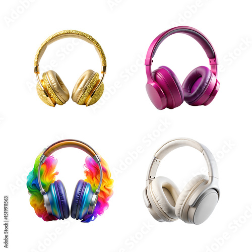 a Collection of headphones in four different colors isolated on a on a transparent background