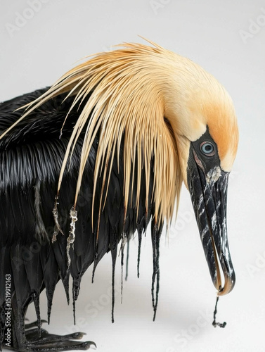 Oil-soaked pelican, feathers matted, dark viscous substance dripping