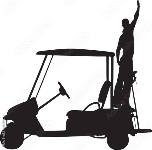 Golf cart with standing player silhouette raising hands in celebration. Ideal for humorous golf designs, prints, or sports merchandise.