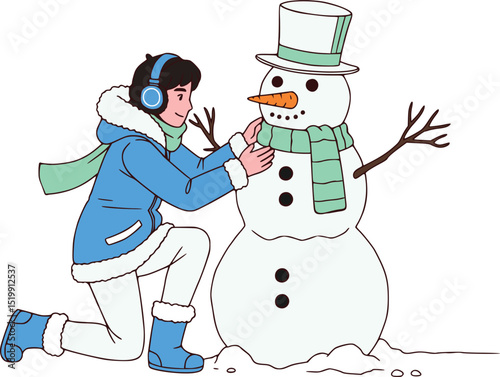 Winter scene with warmly dressed child and classic snowman waving, cheerful holiday illustration for christmas or new year