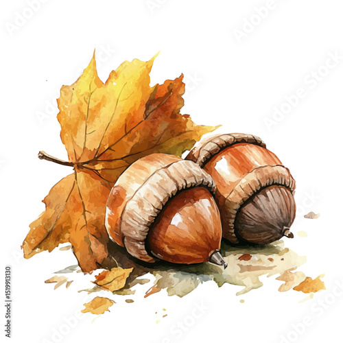 Autumn Acorns On Ground, watercolor clipart vector, high quality, isolated on a white background.