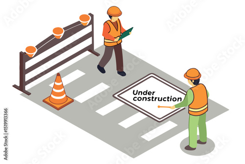 Workers deploy safety cones and signage on a city street for roadwork, ensuring a secure environment, in an isometric cartoon illustration.