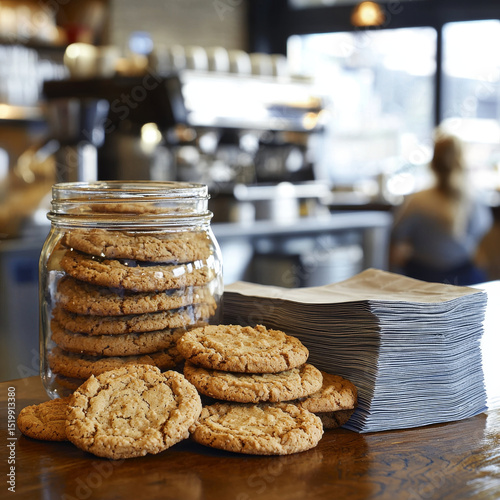 Oatmeal cookies in a jar and on a table, beside a stack of paper bags
