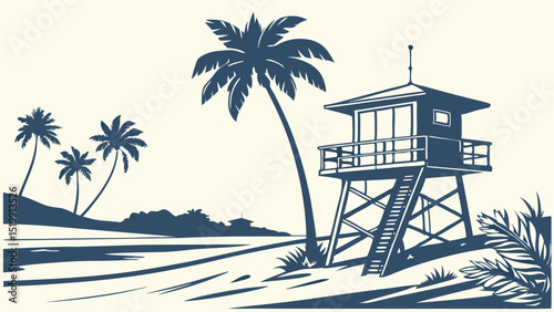 Vintage beach scene with lifeguard tower and palm trees vector illustration summer vacation design template