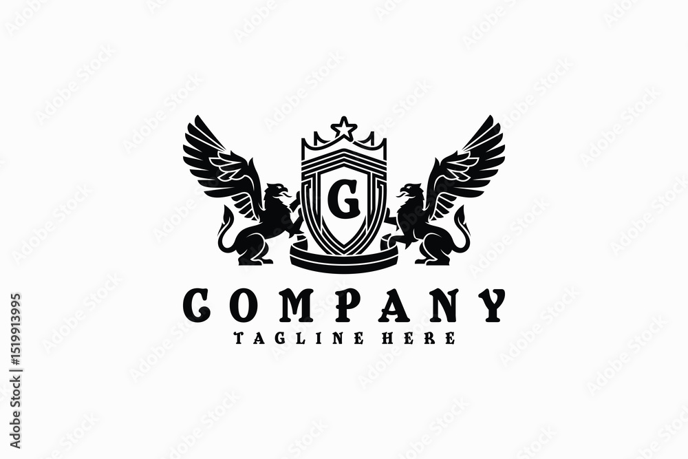 Obraz premium Vector design of two modern classic heraldic griffin logo holding a shield symbol letter G