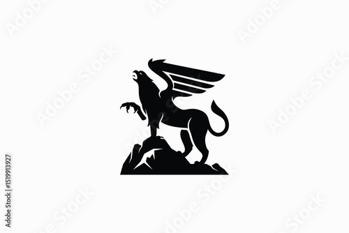 Vector illustration of silhouette of griffin logo design on rock