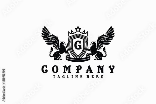 Vector design of two modern classic heraldic griffin logo holding a shield symbol letter G
