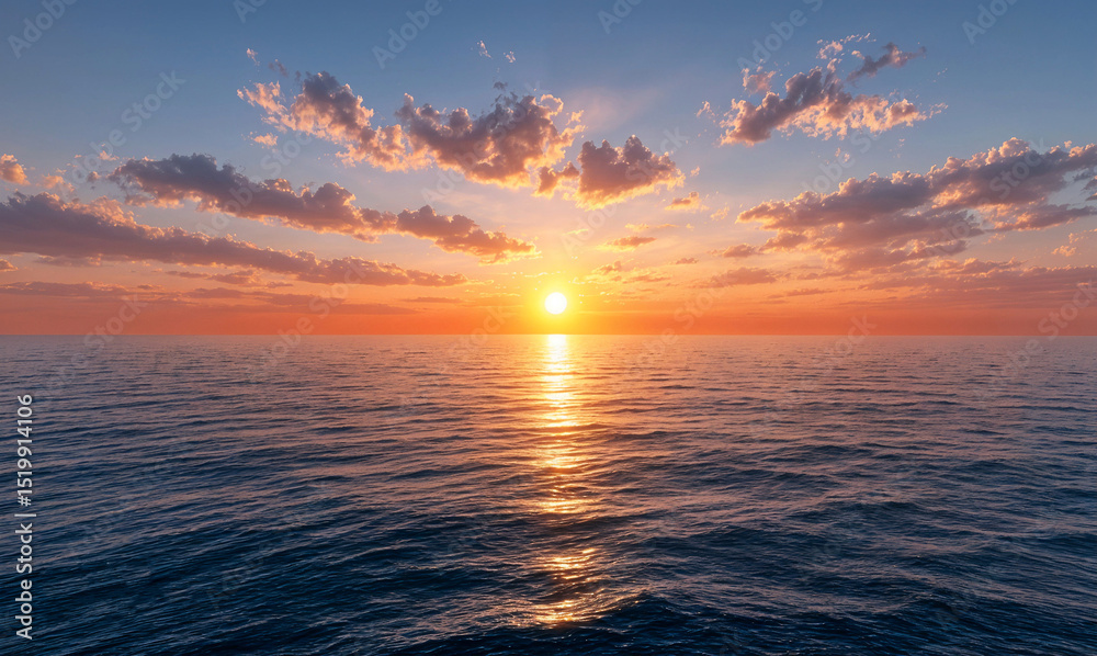 Obraz premium Fiery sunset sky meeting the calm sea at the horizon, casting warm colors across rippling water in a peaceful beach landscape