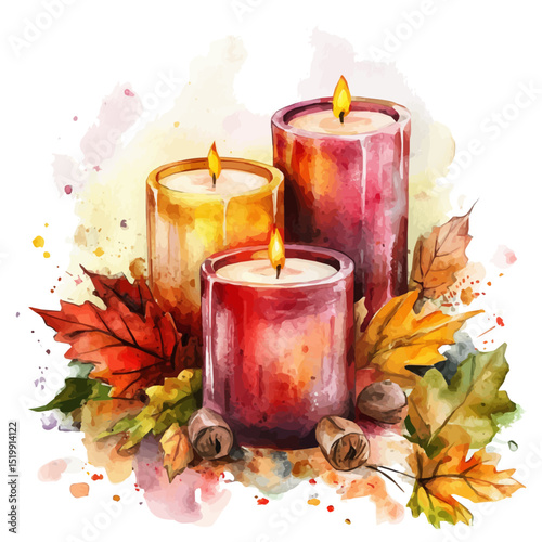 Autumn-scented Candles, watercolor clipart vector, high quality, isolated on a white background.