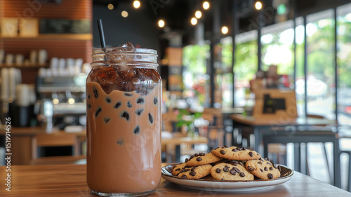 Iced coffee in a mason jar with chocolate chip cookies on a cafe table