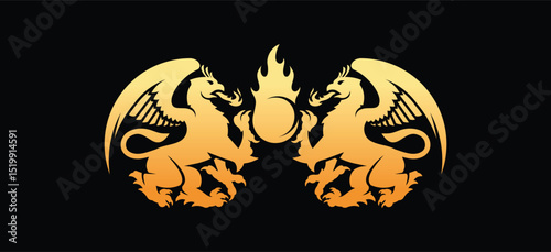 Vector illustration of modern classic heraldic griffin logo design in fireball concept