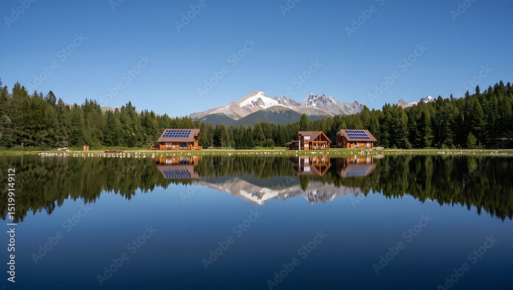 Obraz premium Eco friendly cabins reflecting in a calm mountain lake