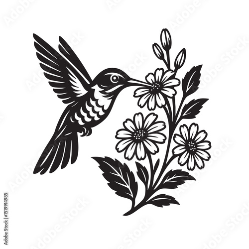 Elegant black and white vector of a hummingbird sipping nectar from daisy-like flowers. Perfect for tattoos, nature prints, and decorative illustrations. Bird.