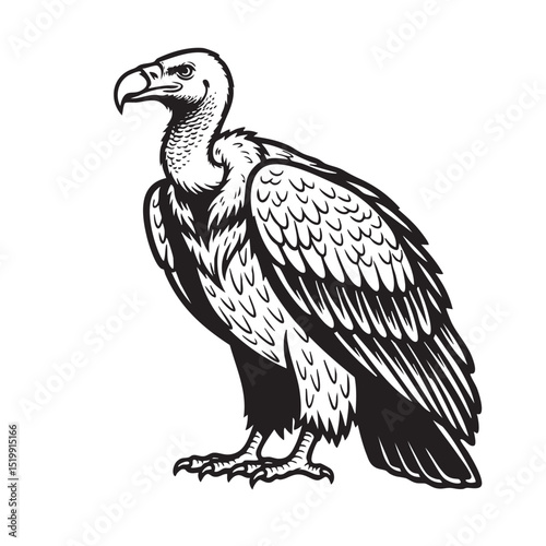 Detailed black and white vector of a vulture standing proudly, with feathered wings and a bald head. Ideal for wildlife prints, logos, and educational art. Bird, Animal.