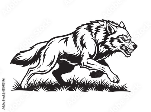 Intense black and white vector of a snarling wolf in mid-stride, baring teeth and claws. Powerful and wild, perfect for tattoos, logos, or outdoor designs. Animal.