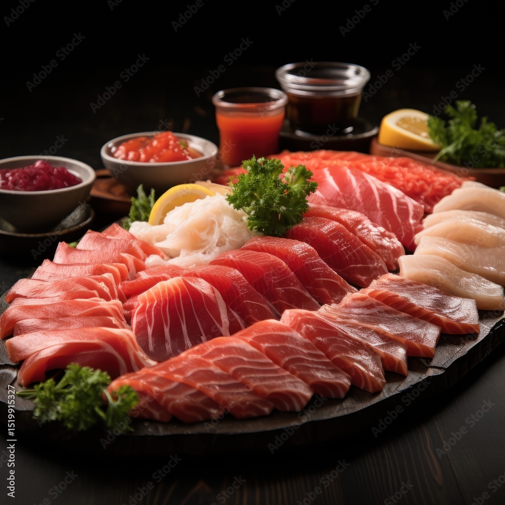 A fresh sashimi platter showcasing slices of raw tuna, salmon, and squid, served with dipping sauces A fresh sashimi platter showcasing slices of raw tuna, salmon, and squid, served with dipping sauces