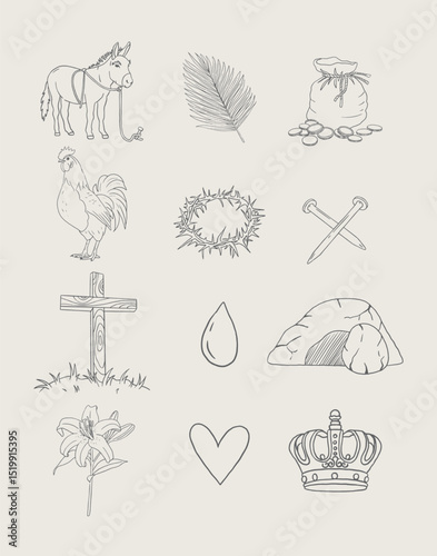 Christian Line Symbols Sketch Poster, Religion Hand Drawn Art, Bible Wall decor