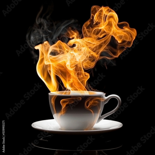 Fiery steam rises from a white teacup on a saucer
