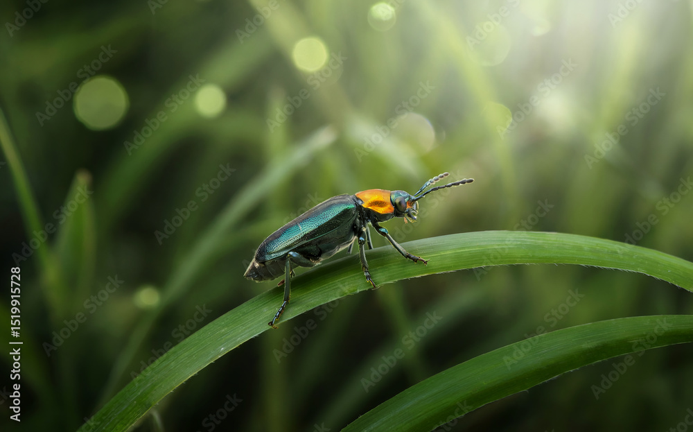 Naklejka premium Macro Blue Green Beetle on Blade of Grass