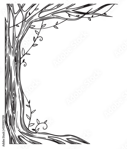 vector drawing, black and white magic forest frame. silhouette of a fabulous, magical tree. design for halloween. frame for cards, books