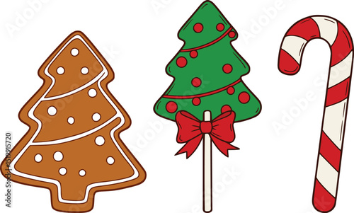 Christmas illustration featuring gingerbread cookie, ornamented tree, and candy cane with red bow