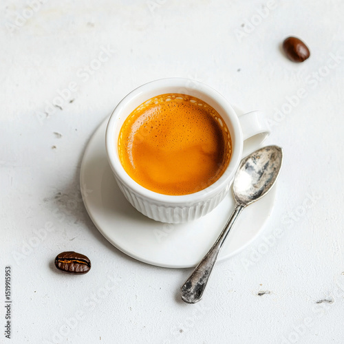 Espresso in a white cup, saucer, and spoon