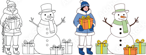 Cheerful winter illustration of child in blue coat and snowman with gifts, color and outline for coloring page