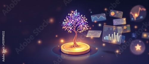 Financial Growth Concept Tree on Coin with Data Charts, Modern Investment Strategy Illustration