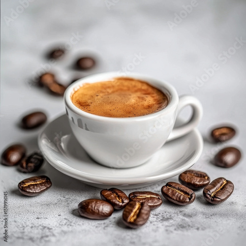 Espresso cup, saucer, coffee beans