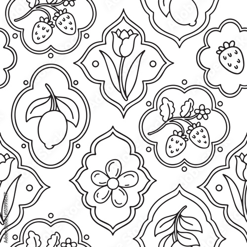 Coloring book. Seamless pattern with flowers and berries in different frame shapes. Vector graphics, cartoon
