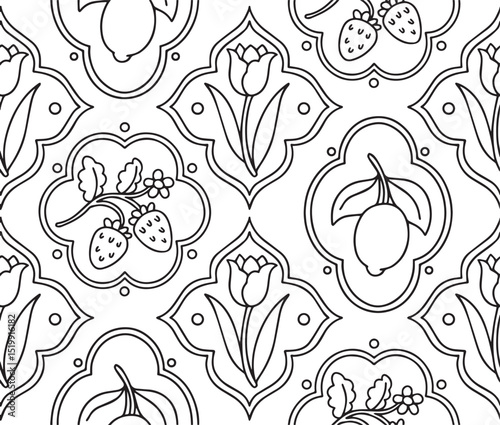 Coloring book. Seamless pattern with flowers and berries in different frame shapes. Vector graphics, cartoon