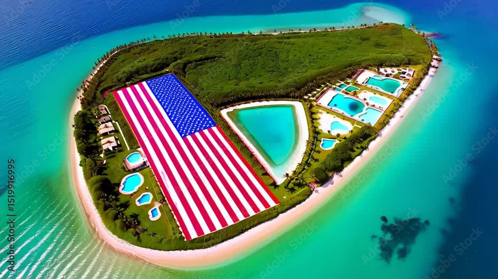 Aerial view of a large American flag, on a green patch of grass on an island, surrounded by bright blue water, with several swimming pools and buildings. Concept of patriotism and luxury real estate.