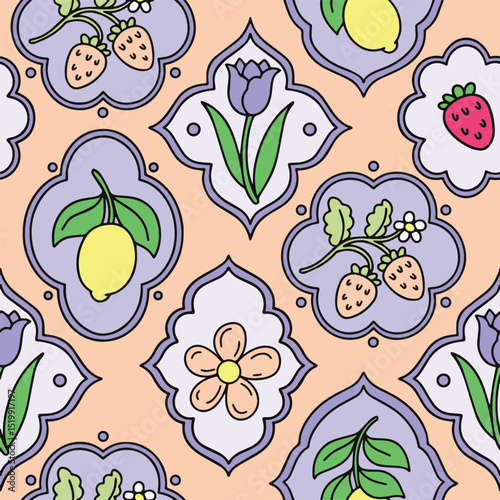 Seamless pattern with flowers and berries in different frame shapes. Vector graphics, cartoon